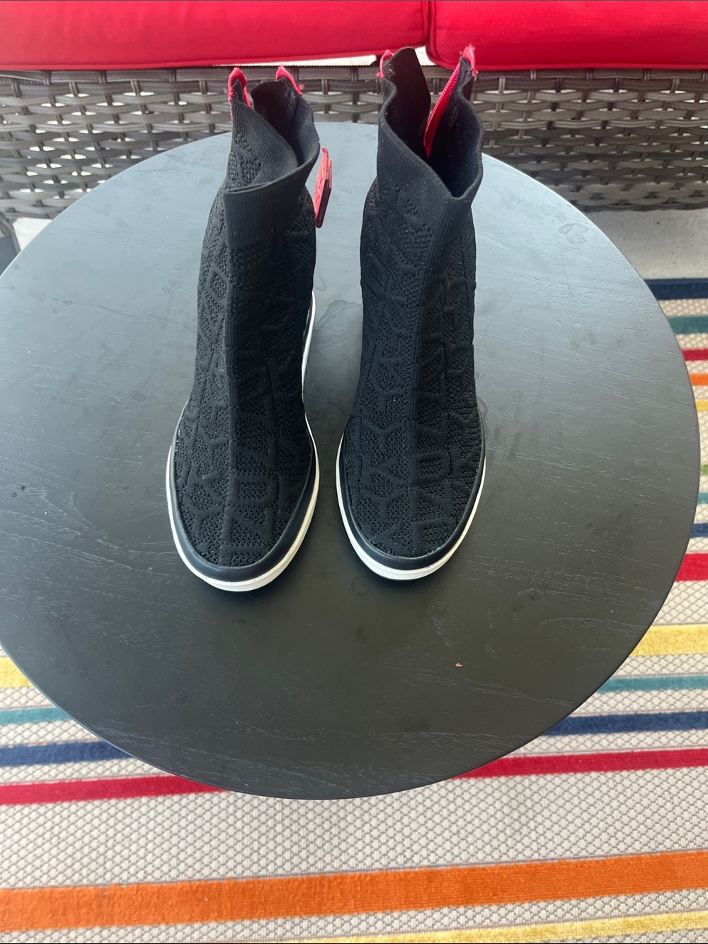 DKNY Black Knit Slip-On Sock Sneakers with Red Pull Tabs
